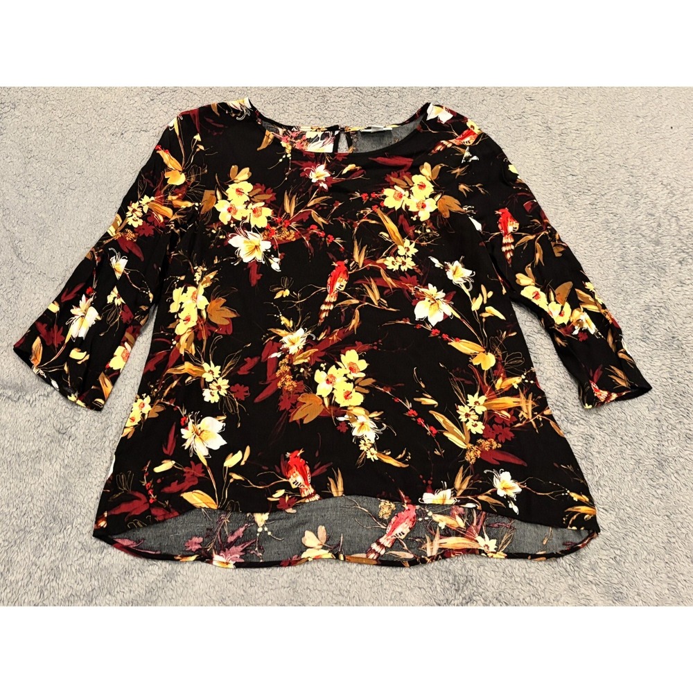 J. Jill Blouse Womens Medium Petite Black Floral Bird Print Top 3/4 Sleeve Shirt